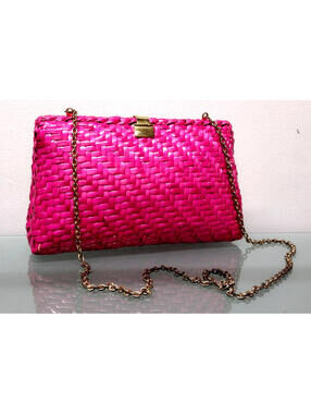 Vintage 1980s Pink Fuchsia Wicker Shoulder Bag Crossbody Gold Clasp Long Chain